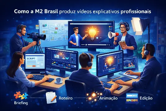 Equipe de produção audiovisual trabalhando em roteiro, animação e edição para criar vídeo explicativo profissional em estúdio digital.