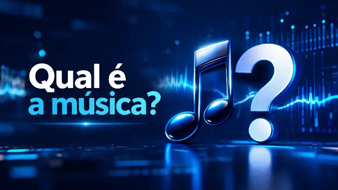 Nota musical com ponto de interrogação e a frase “qual é a música?” em destaque, representando a dúvida sobre a escolha da trilha para URA e espera telefônica empresarial.