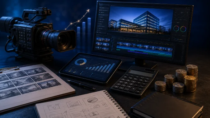 Imagem em tons de azul mostrando câmera profissional, monitor de edição, tablet com gráficos, calculadora, moedas e materiais de planejamento, representando os fatores de custo na produção de um vídeo corporativo.