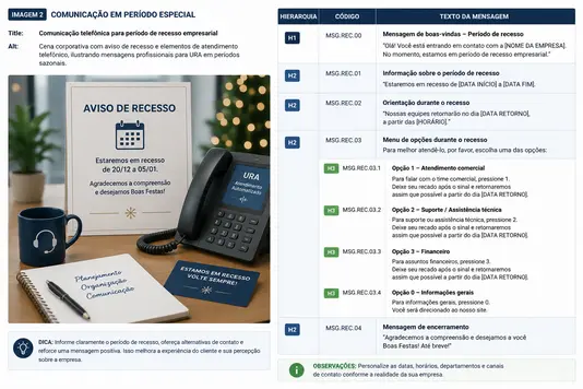 Cena corporativa com aviso de recesso, telefone de mesa e elementos de atendimento telefônico, ilustrando comunicação profissional para URA em períodos sazonais.