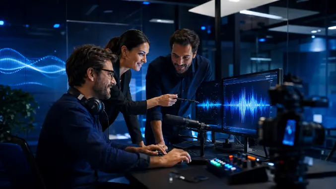 Profissionais colaborando em estúdio tecnológico com monitores de áudio, câmera e equipamentos de produção, representando a integração entre tecnologia e conhecimento humano.