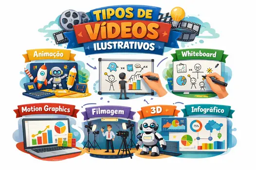 Infográfico ilustrado apresentando tipos de vídeos ilustrativos como animação, whiteboard, motion graphics, filmagem, vídeo 3D e vídeo infográfico, com ícones e elementos visuais coloridos representando cada formato.